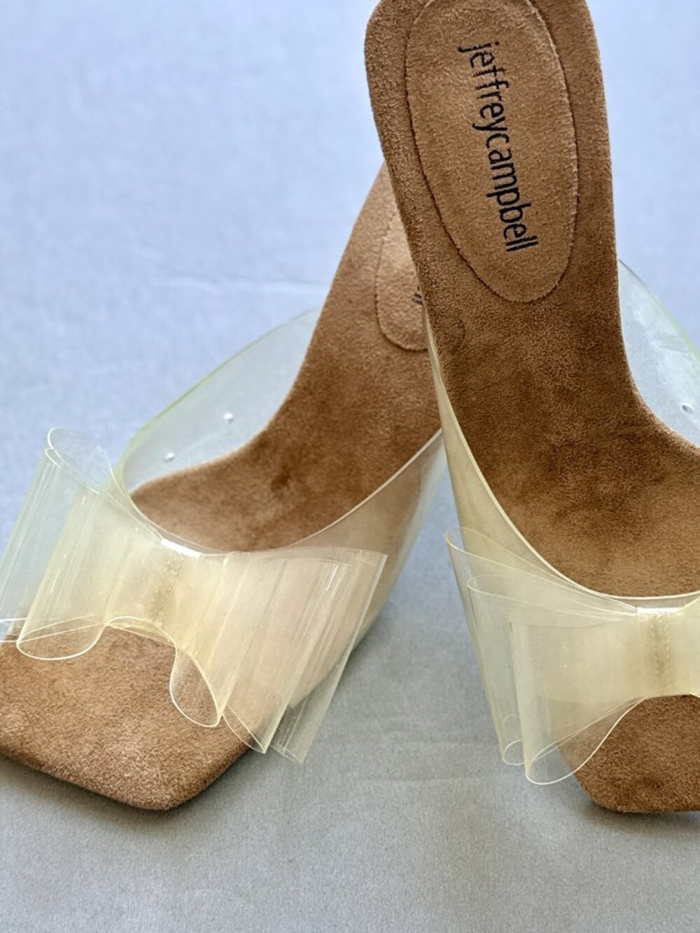 Jeffrey Campbell Clear PVC Bow Square Toe Spool Heel Mule Sandal Size 7
